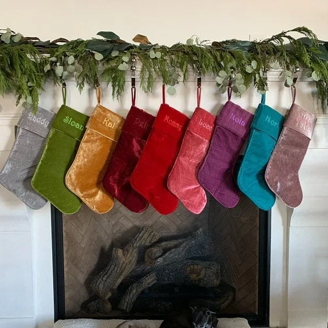 22" Large Personalized Christmas Stockings - Red Gold Green Silver Sea Foam Velvet Modern Boot - Christmas Stocking Embroidered with Names