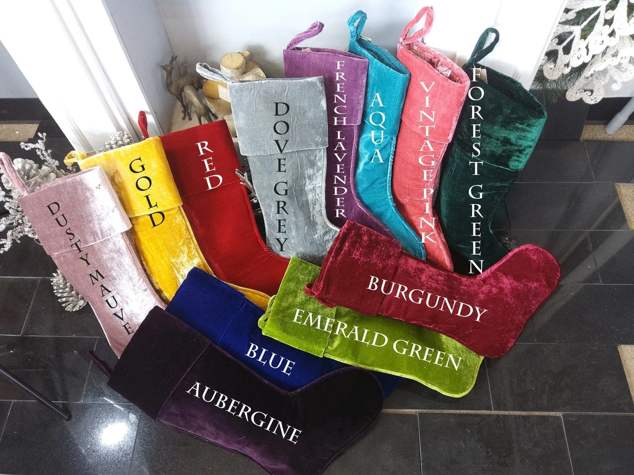 22" Large Personalized Christmas Stockings - Red Gold Green Silver Sea Foam Velvet Modern Boot - Christmas Stocking Embroidered with Names