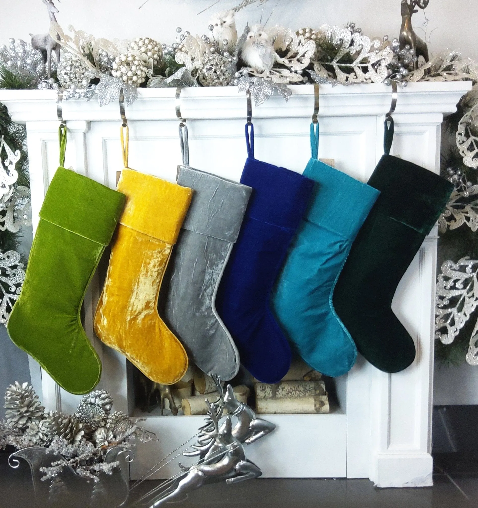 22" Large Personalized Christmas Stockings - Red Gold Green Silver Sea Foam Velvet Modern Boot - Christmas Stocking Embroidered with Names
