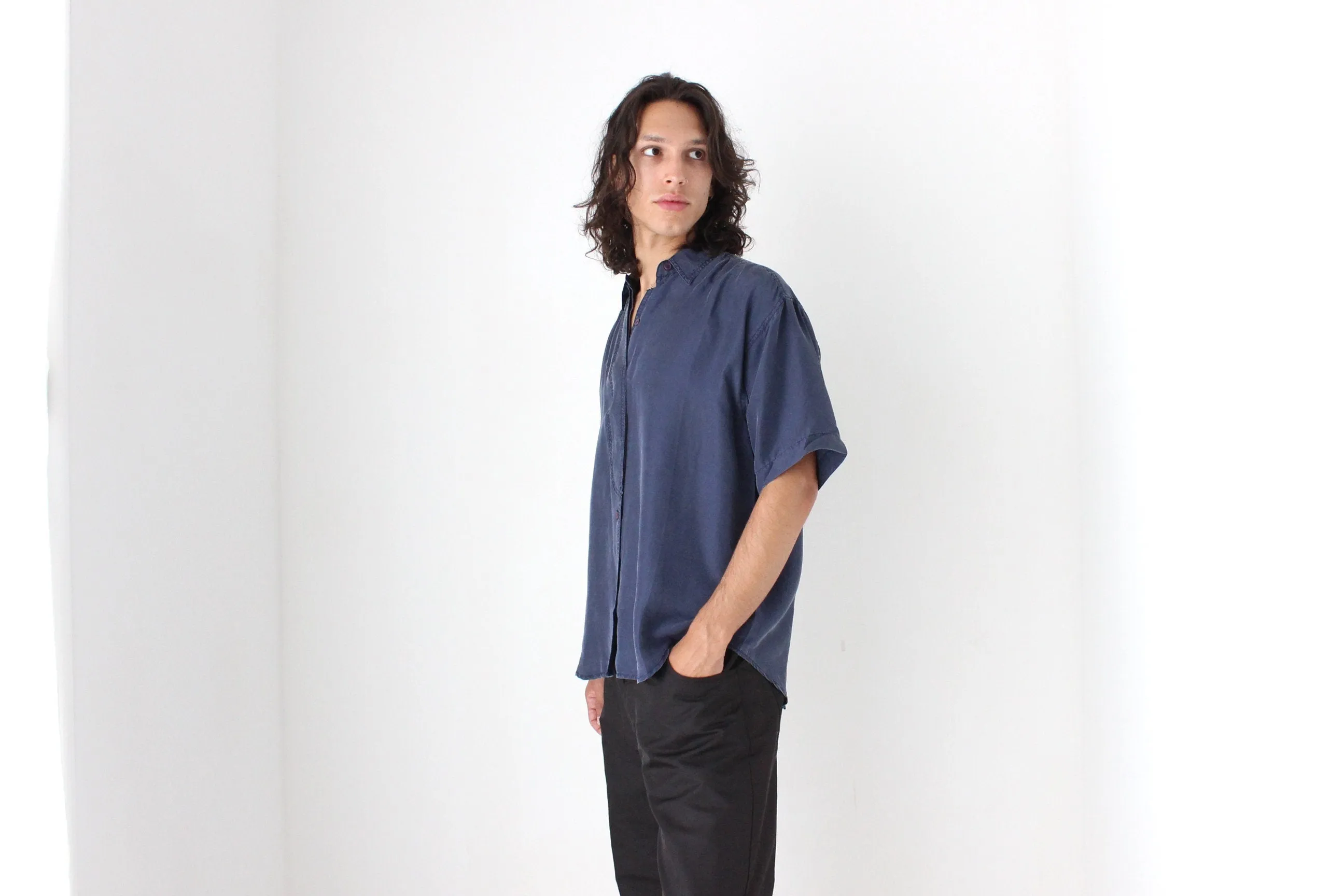 80s Matte SILK Boxy Minimal Shirt in Deep Blue