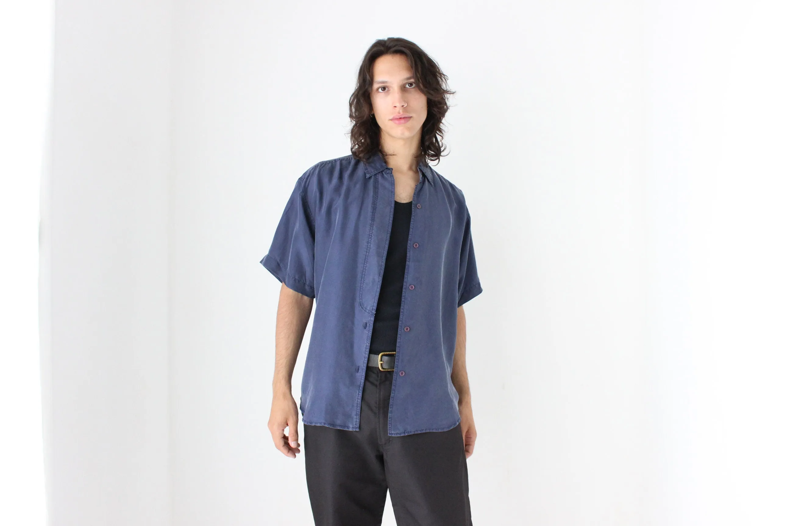 80s Matte SILK Boxy Minimal Shirt in Deep Blue