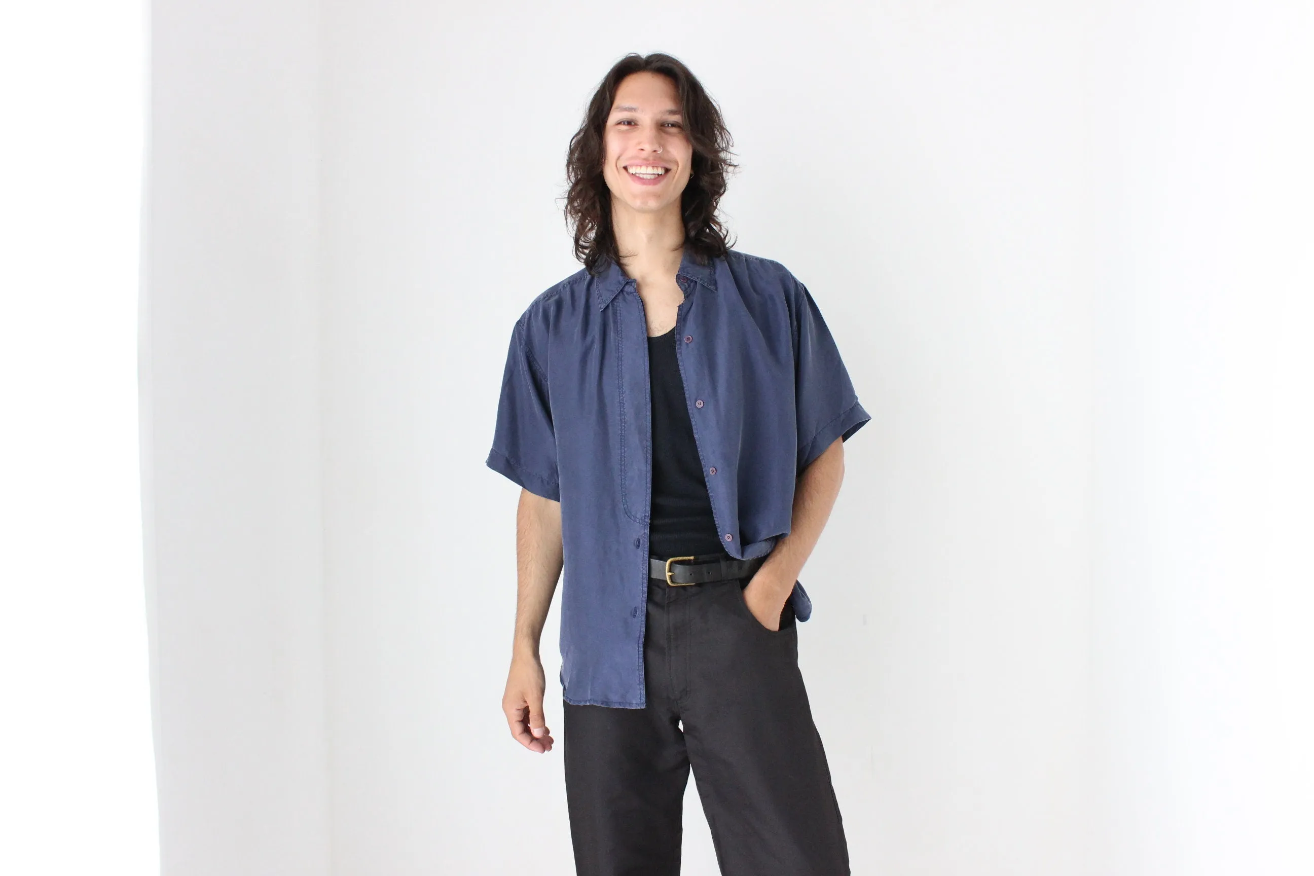 80s Matte SILK Boxy Minimal Shirt in Deep Blue