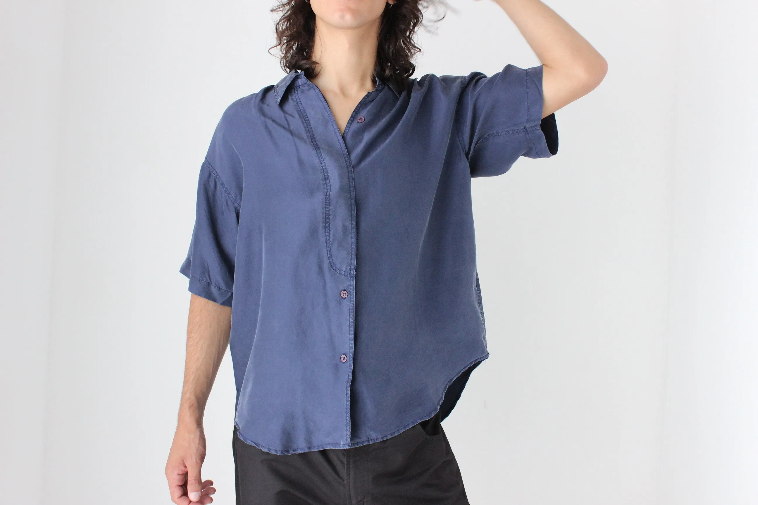 80s Matte SILK Boxy Minimal Shirt in Deep Blue