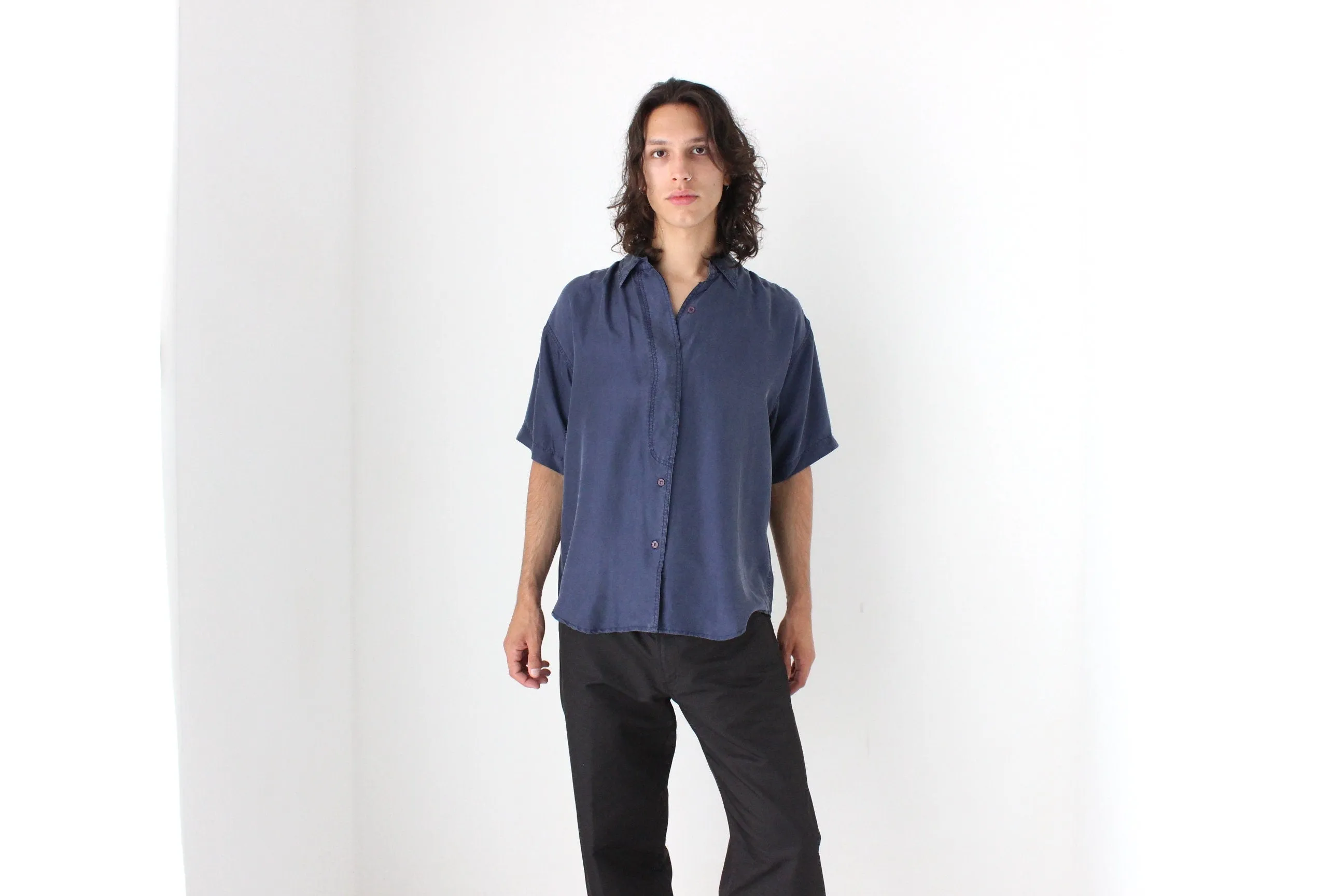 80s Matte SILK Boxy Minimal Shirt in Deep Blue