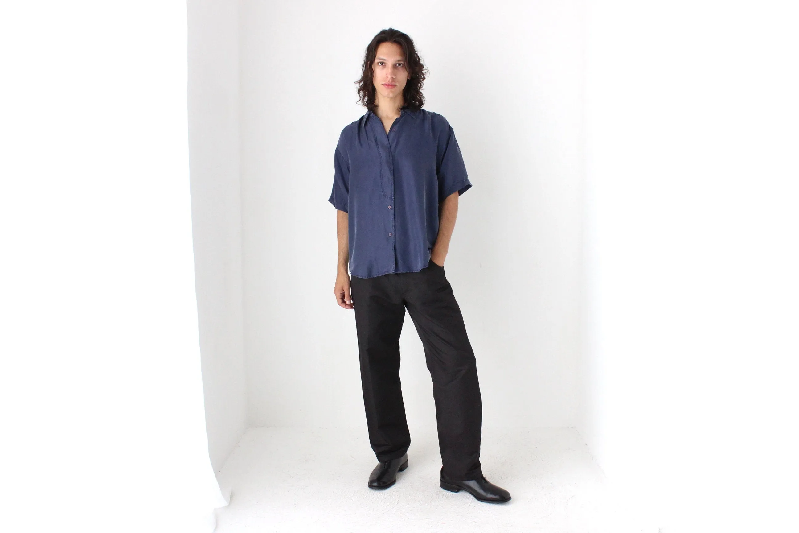 80s Matte SILK Boxy Minimal Shirt in Deep Blue