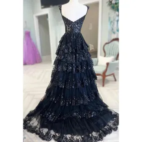 A-Line Straps Tulle Appliques Sequins Zipper-Up Sleeveless Prom Dress