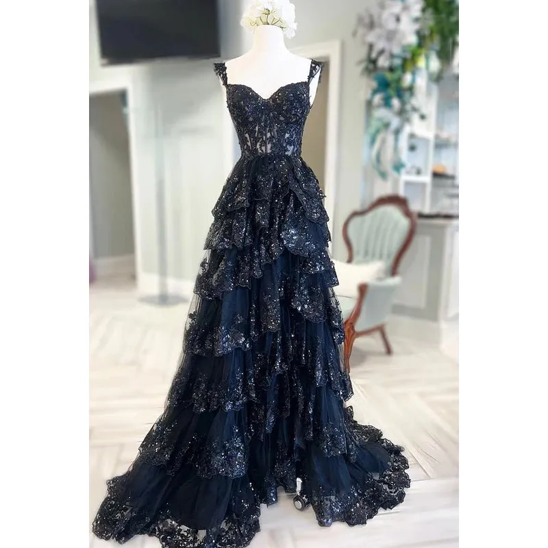 A-Line Straps Tulle Appliques Sequins Zipper-Up Sleeveless Prom Dress