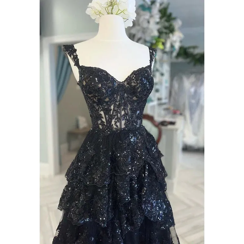 A-Line Straps Tulle Appliques Sequins Zipper-Up Sleeveless Prom Dress