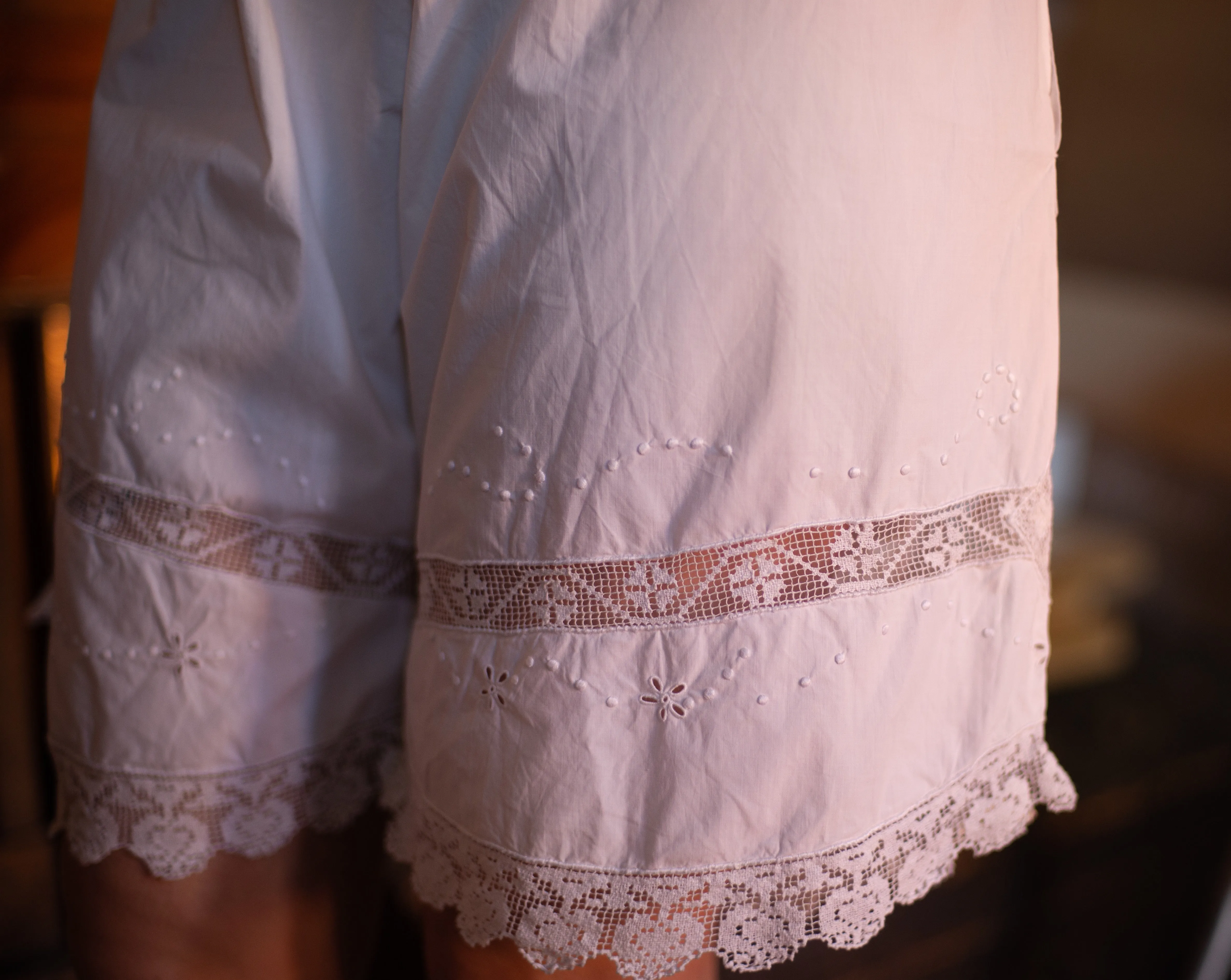 Antique cotton fillet lace and hand embroidered pantaloons, up to 34” waist
