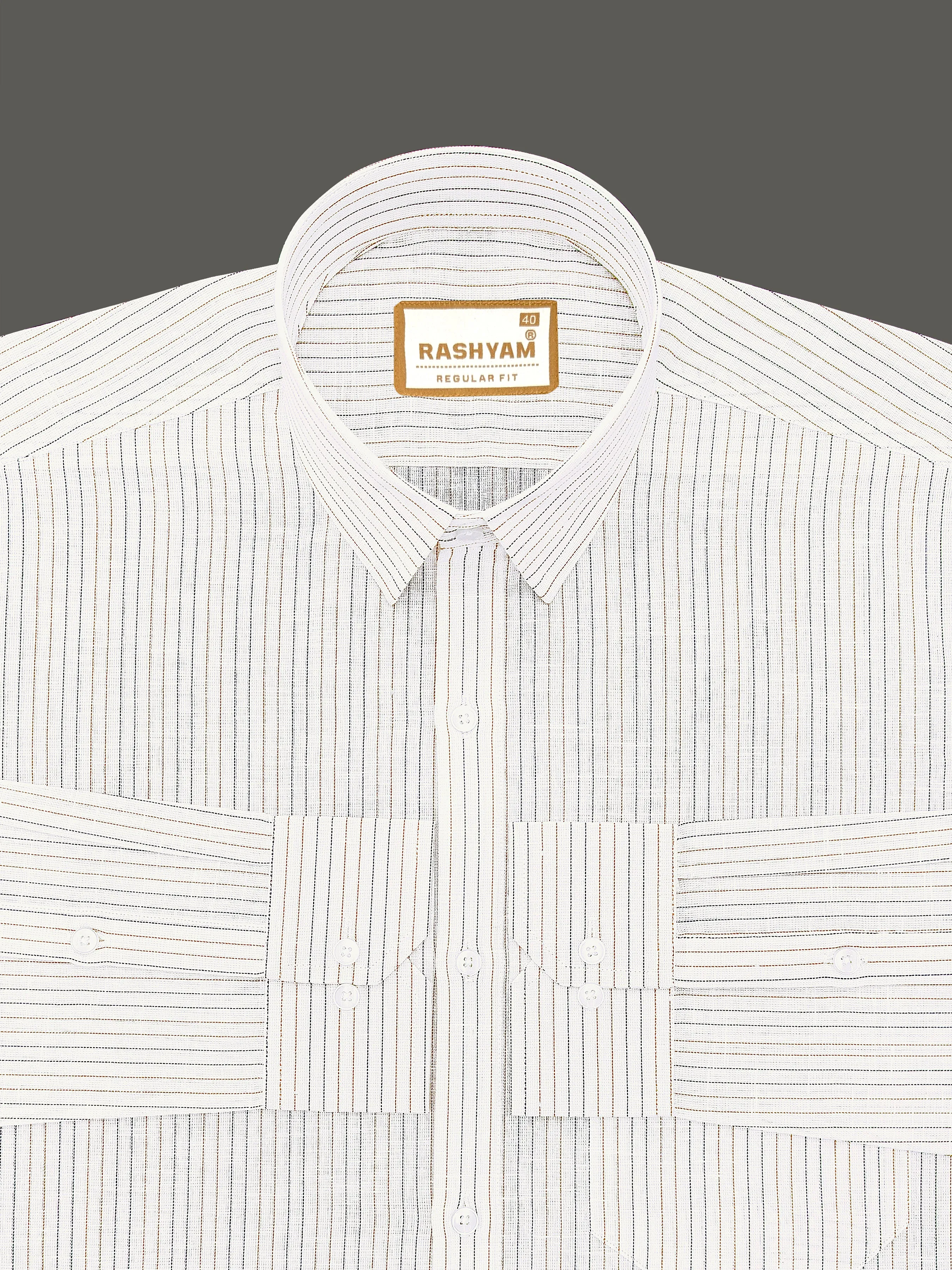 Arezzo Italian Premium Linen Brown Black Twin Line On White Formal Shirt For Men
