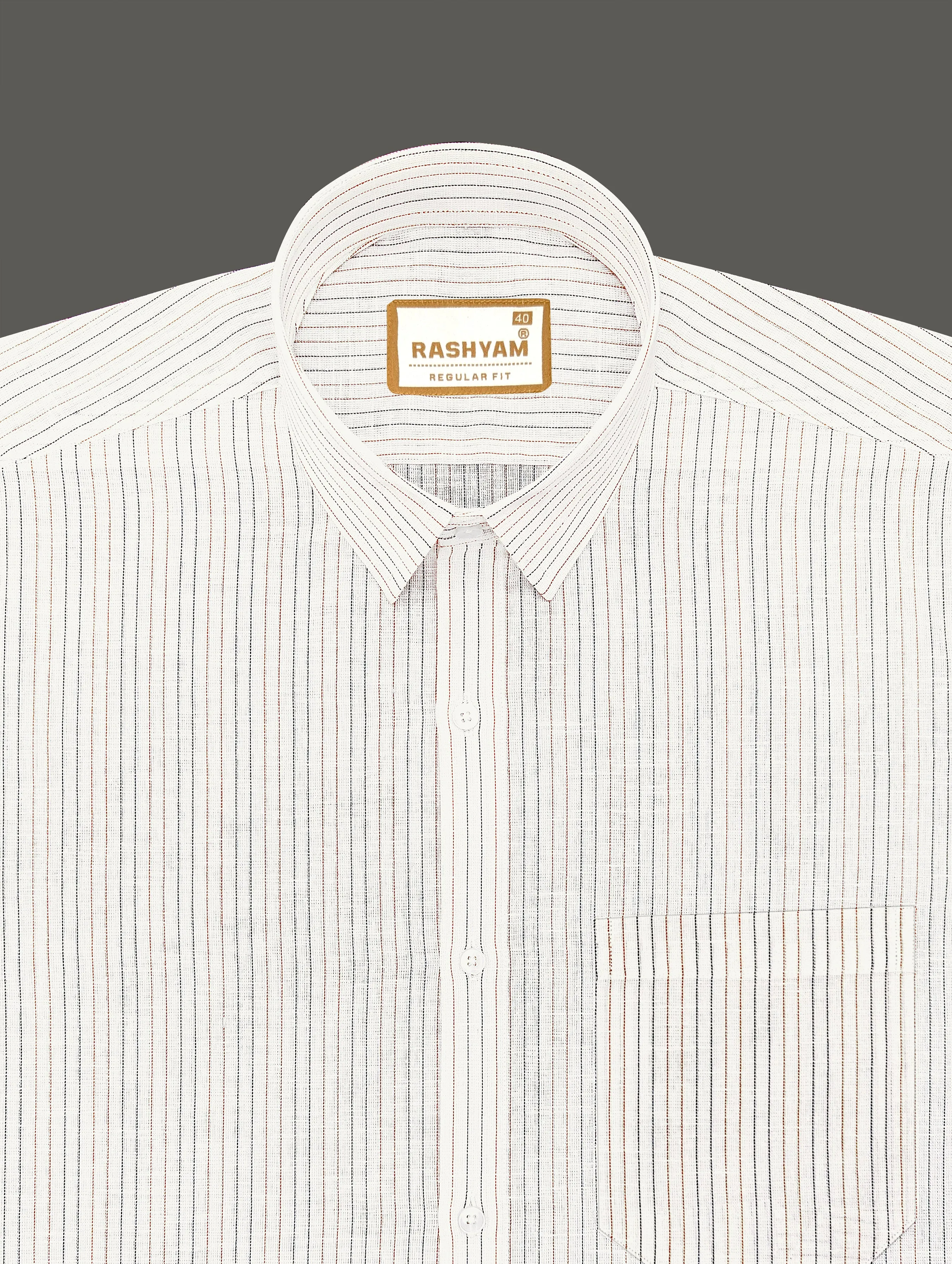 Arezzo Italian Premium Linen Brown Black Twin Line On White Formal Shirt For Men
