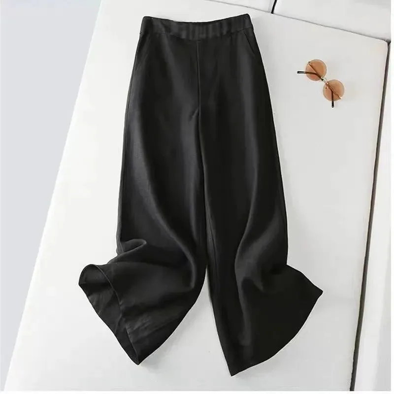 Art Vintage Cotton Blend Wide Leg Long Pants Women Loose Slim Look Elastic High Waist Straight Casual Pants