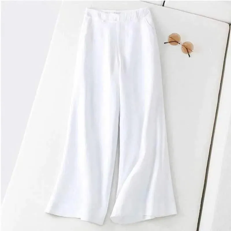Art Vintage Cotton Blend Wide Leg Long Pants Women Loose Slim Look Elastic High Waist Straight Casual Pants