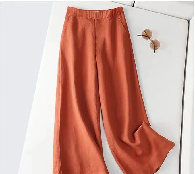 Art Vintage Cotton Blend Wide Leg Long Pants Women Loose Slim Look Elastic High Waist Straight Casual Pants