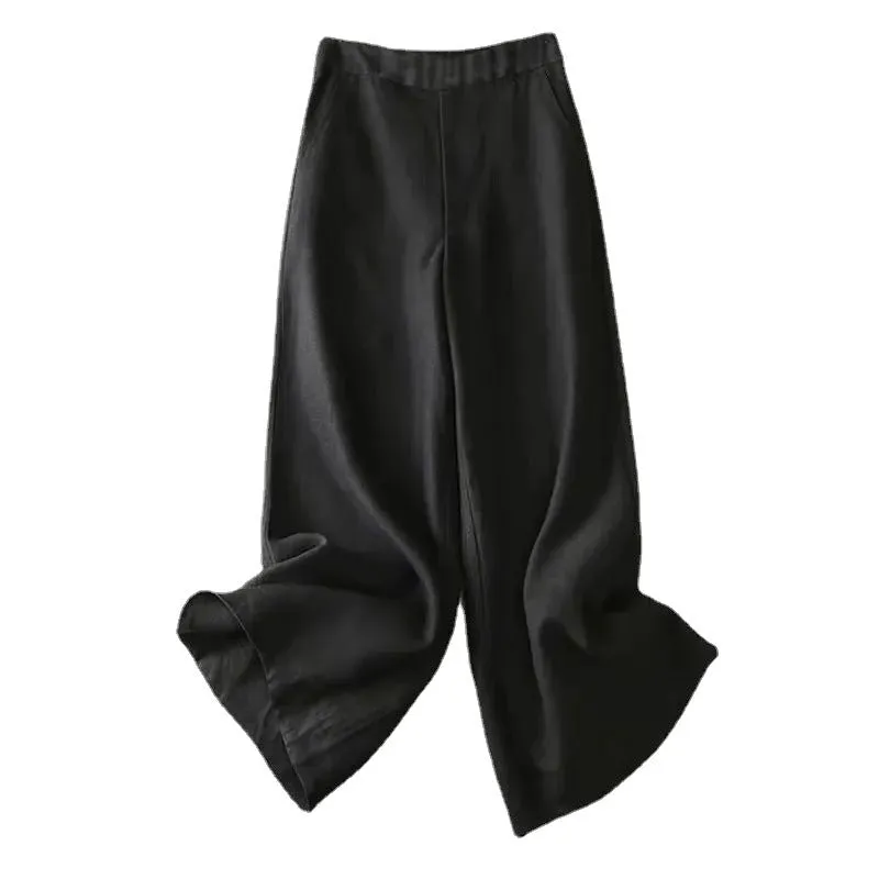 Art Vintage Cotton Blend Wide Leg Long Pants Women Loose Slim Look Elastic High Waist Straight Casual Pants