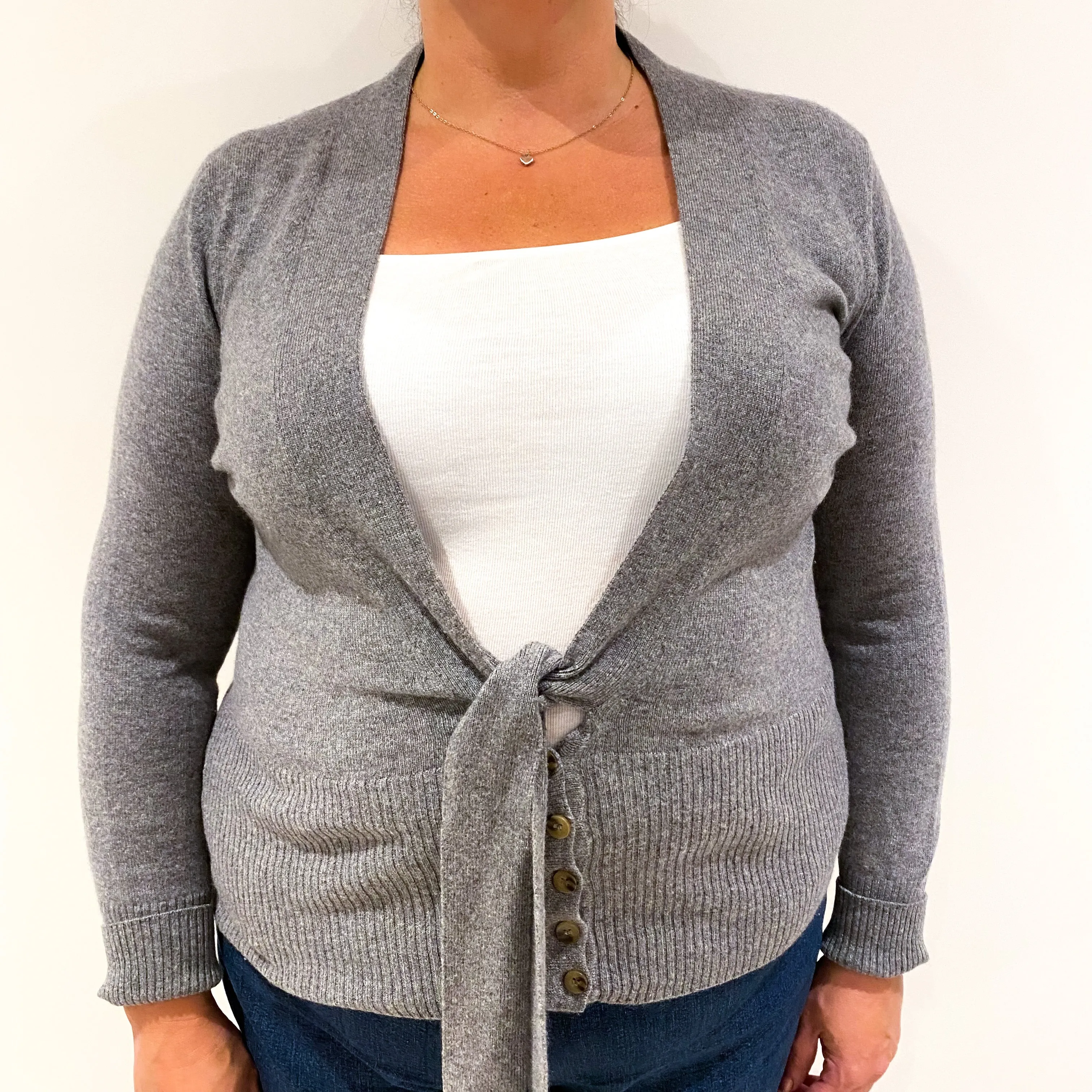 Ash Grey Cashmere Deep V-Cardigan with Tie Fastening Extra Large