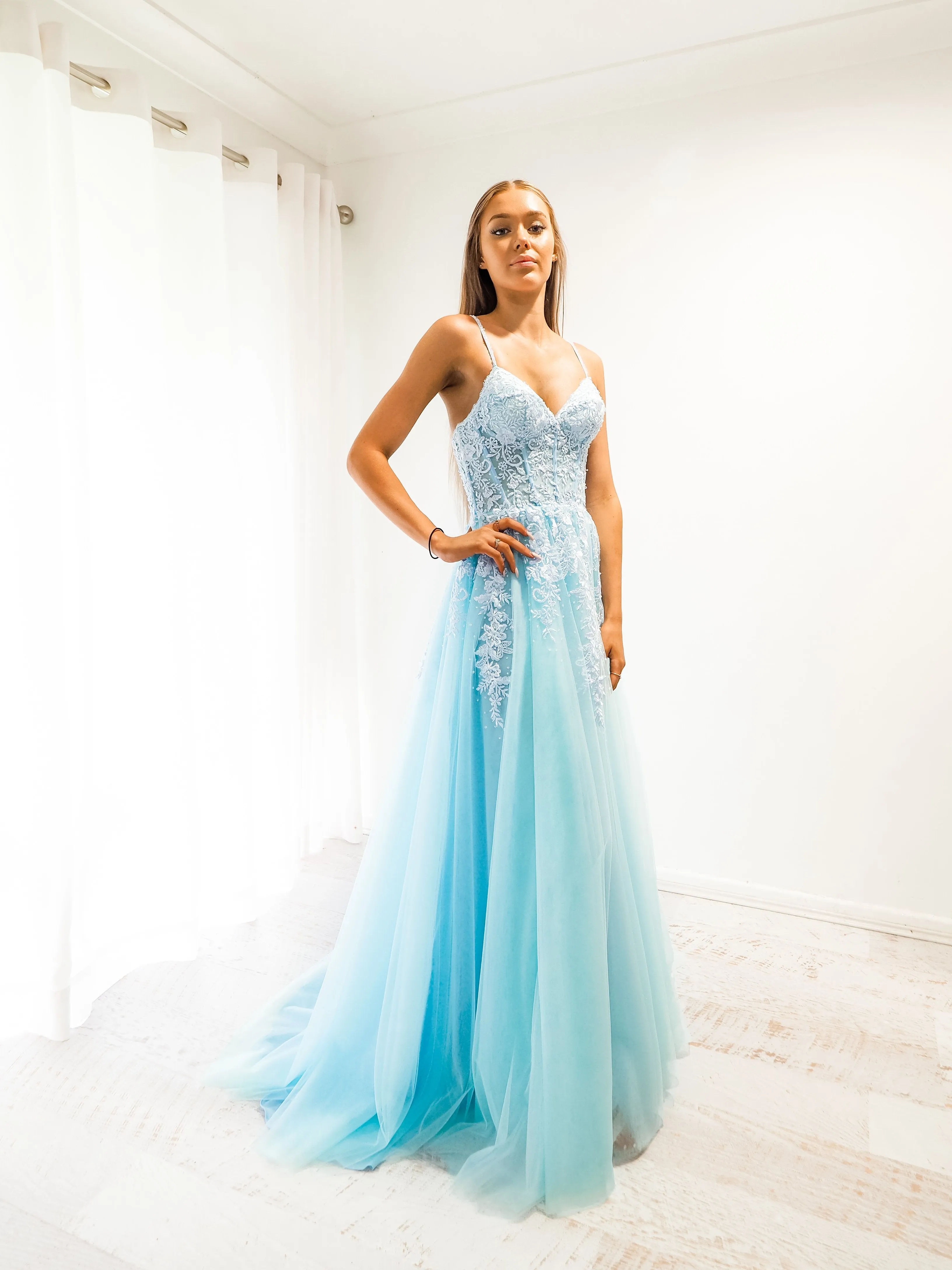 Baby blue tulle corset lace princess dress with lace up back for hire