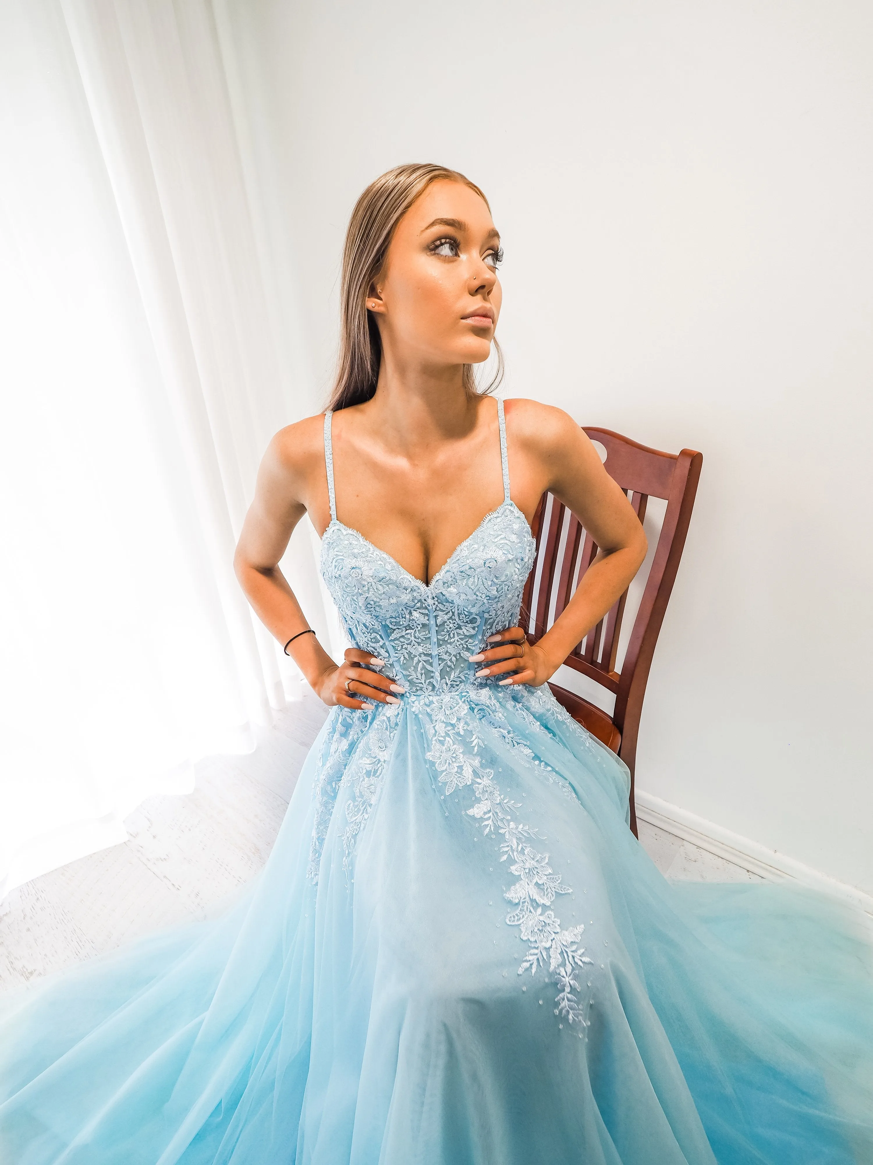 Baby blue tulle corset lace princess dress with lace up back for hire