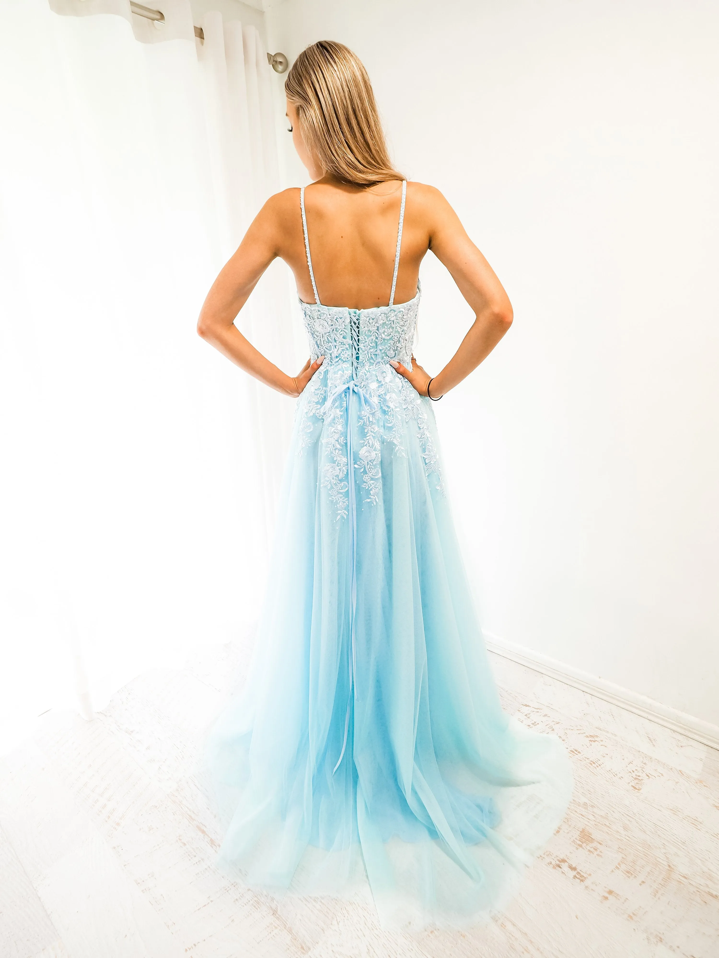 Baby blue tulle corset lace princess dress with lace up back for hire