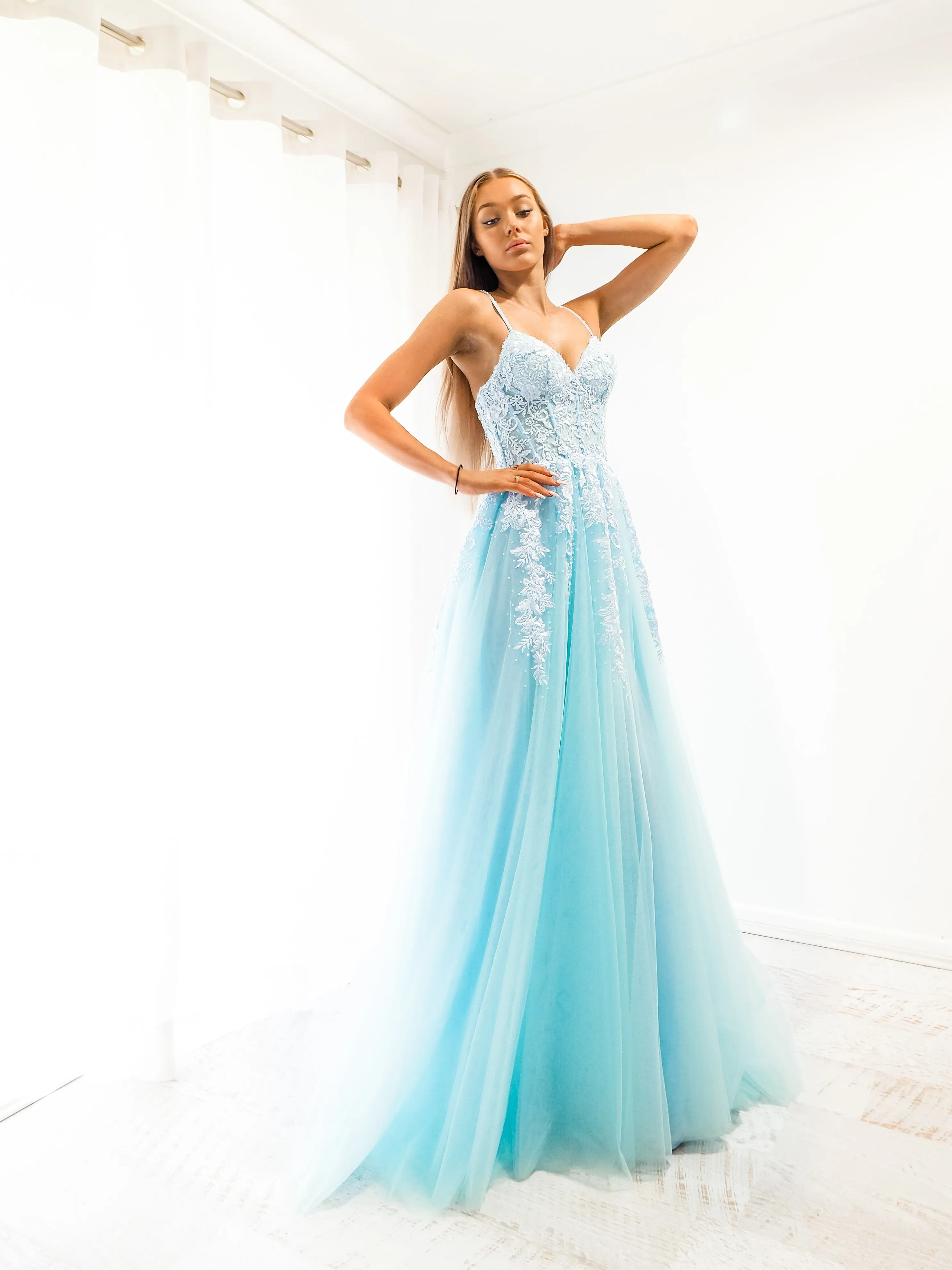 Baby blue tulle corset lace princess dress with lace up back for hire