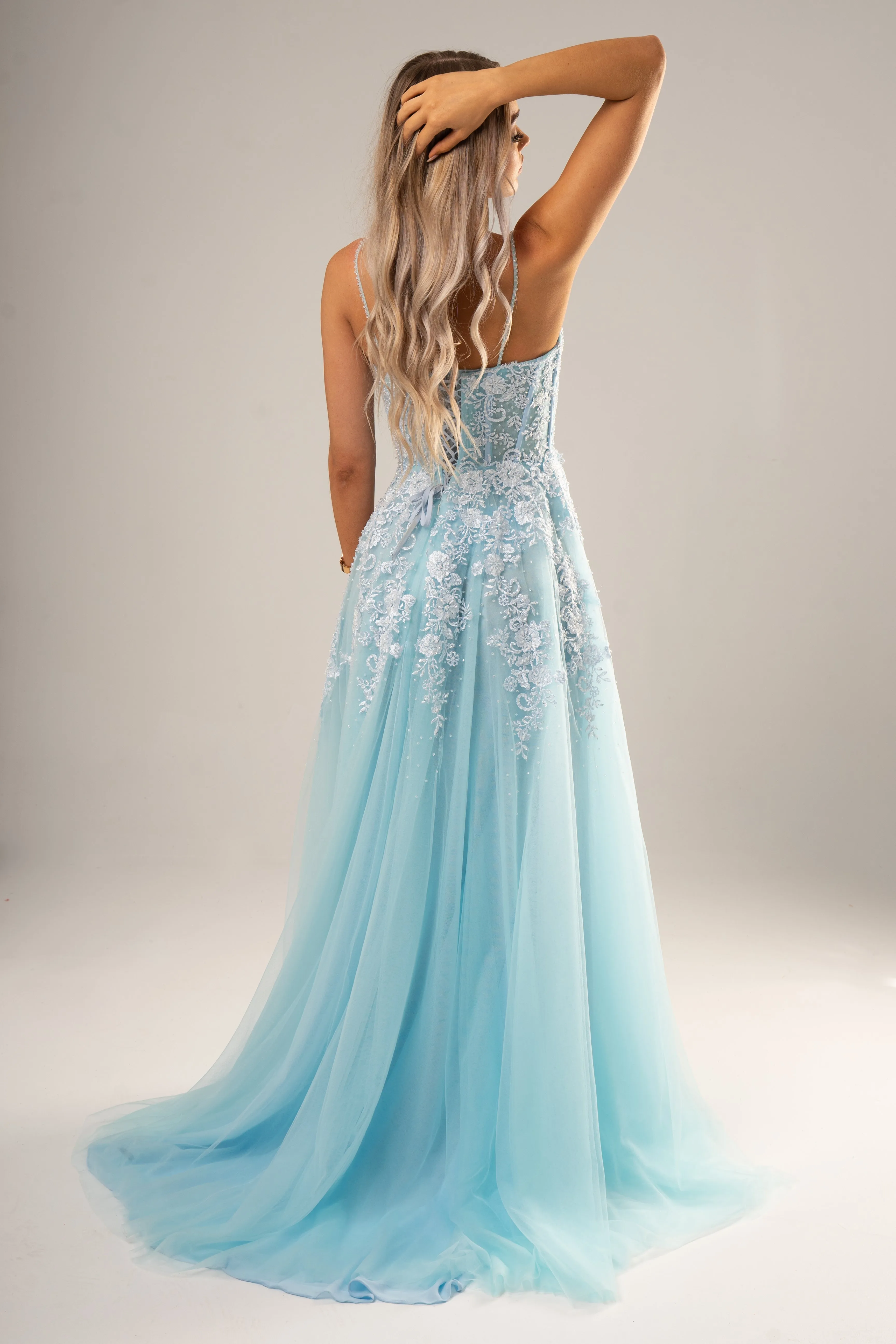 Baby blue tulle corset lace princess dress with lace up back for hire