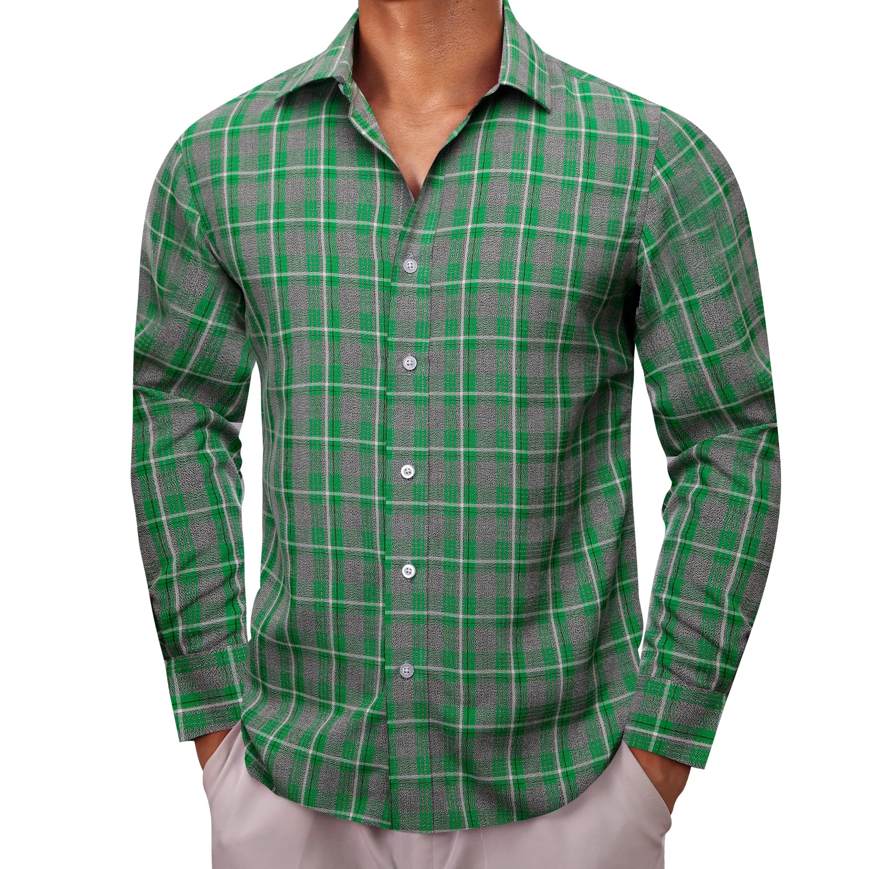 Barry.wang Green Grey Plaid Men's Shirt