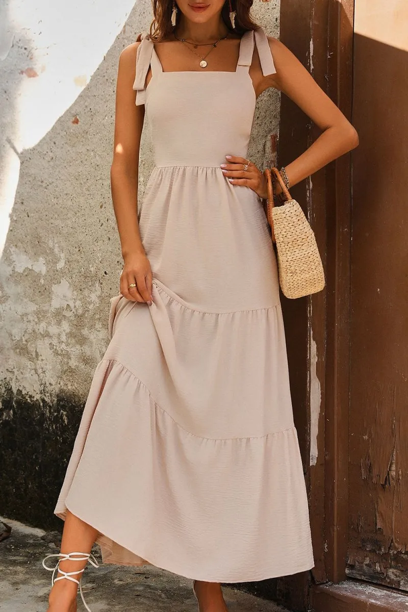 Beige Maxi Dress with Tie Shoulder and Tiered Style