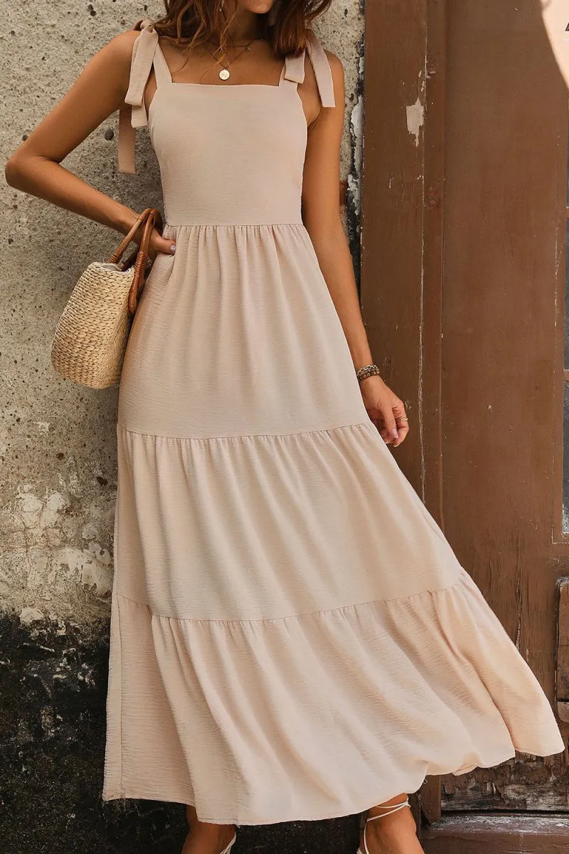 Beige Maxi Dress with Tie Shoulder and Tiered Style
