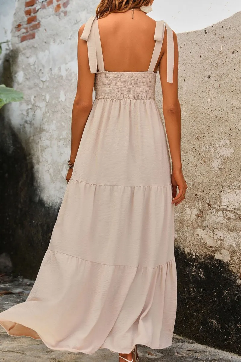 Beige Maxi Dress with Tie Shoulder and Tiered Style