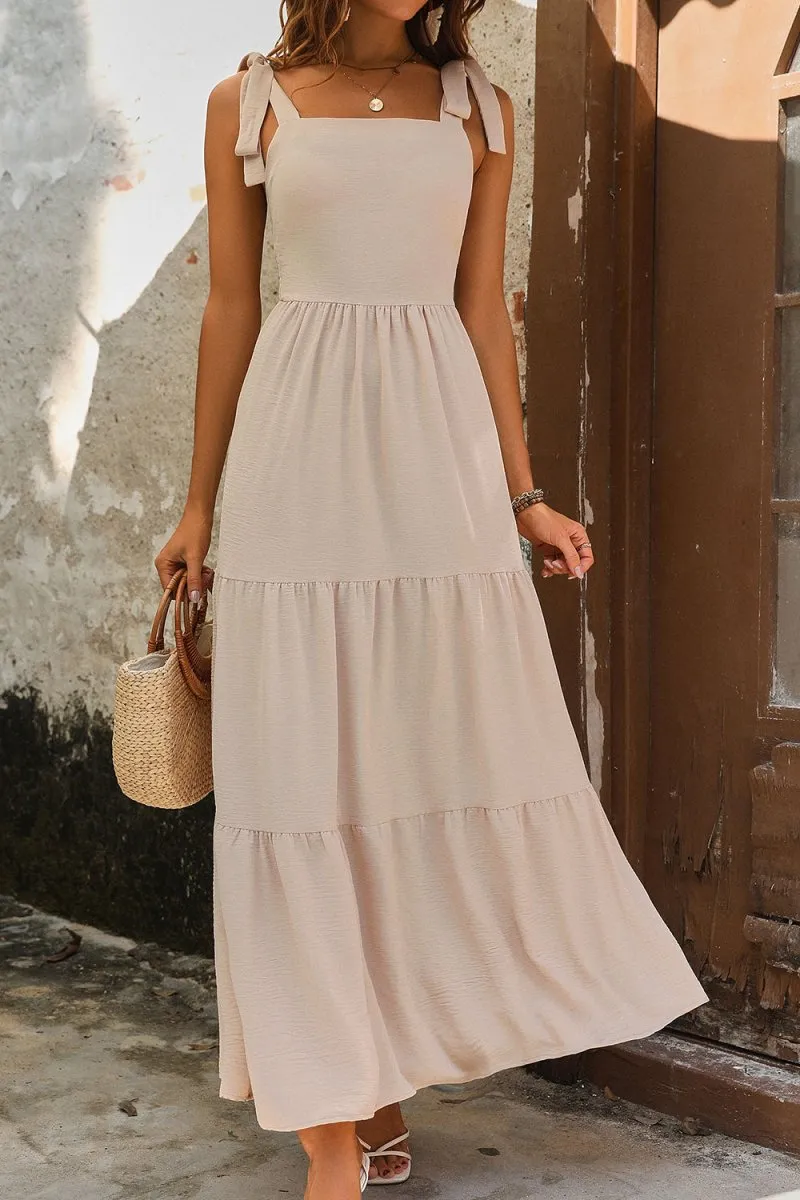 Beige Maxi Dress with Tie Shoulder and Tiered Style