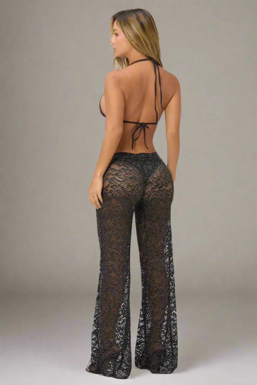 Black Blonda Glitter Beaded Luxury Designer Swimsuit Cover-Up Beach Resort Pants
