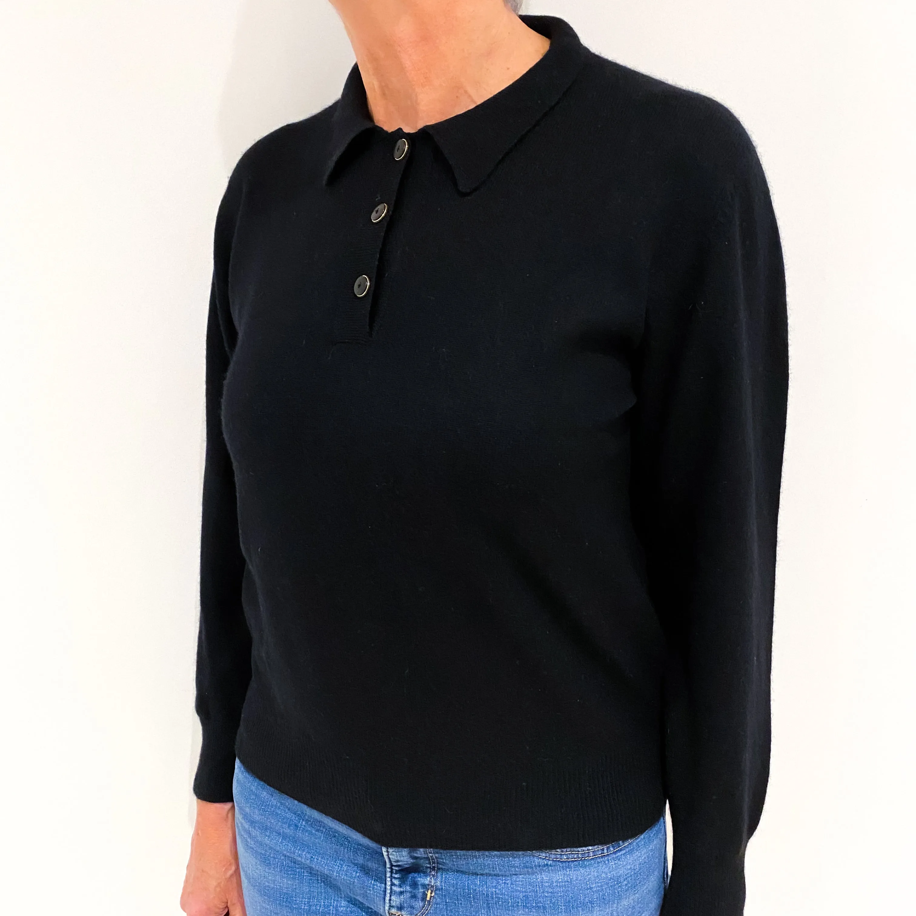 Black Cashmere Collared 1/4 Button Jumper Medium