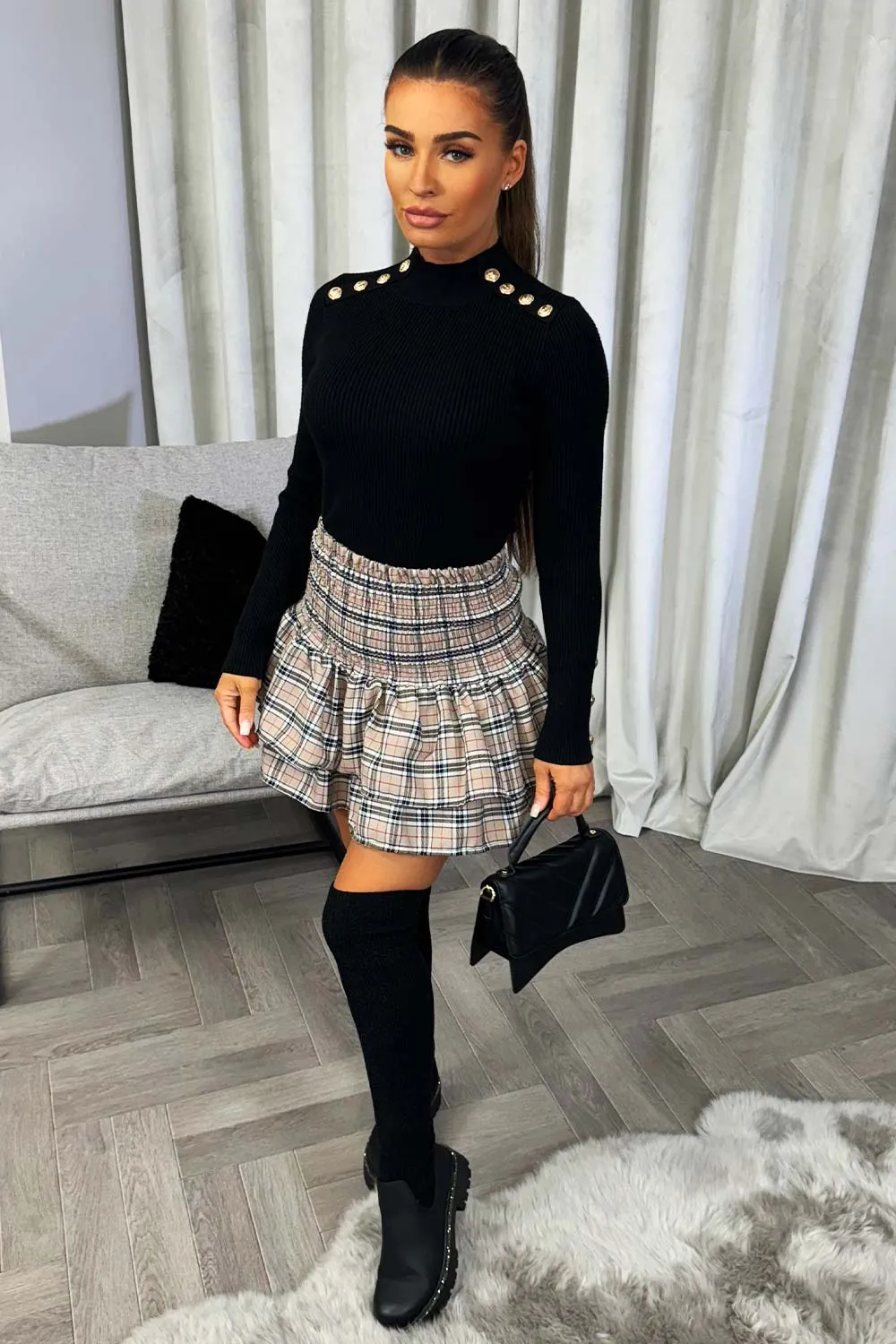 Black Knitted Ribbed Jumper With Gold Buttons