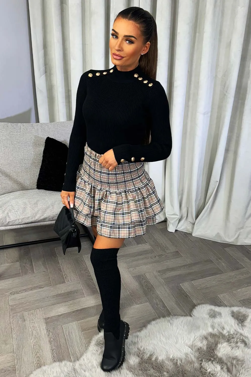 Black Knitted Ribbed Jumper With Gold Buttons