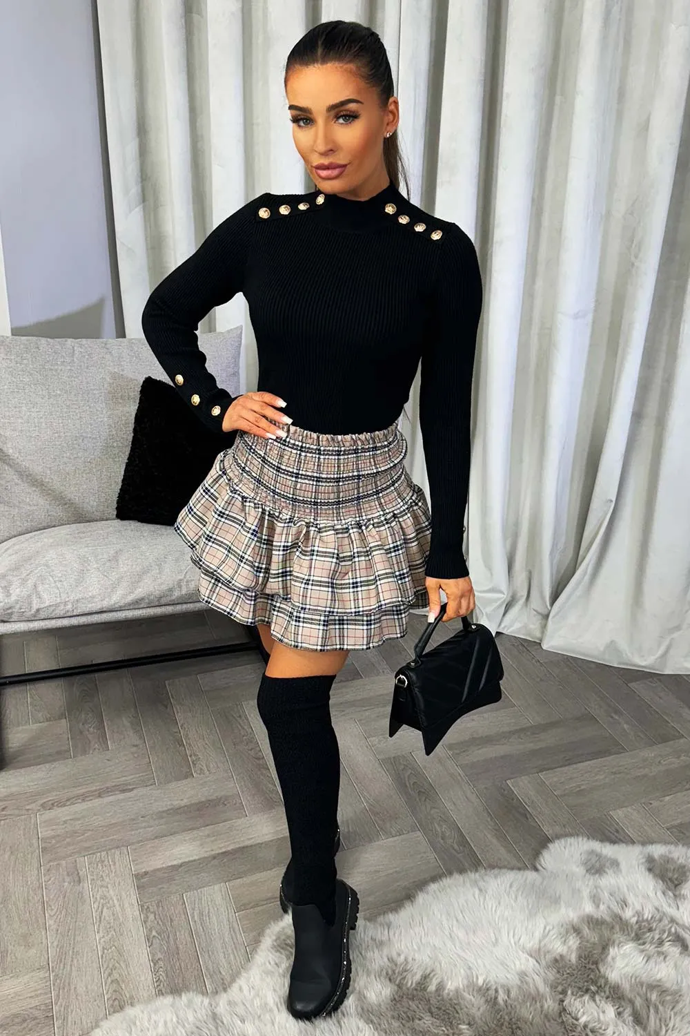 Black Knitted Ribbed Jumper With Gold Buttons