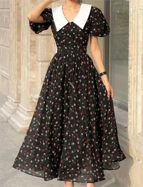Black Printed White-Collar Dress