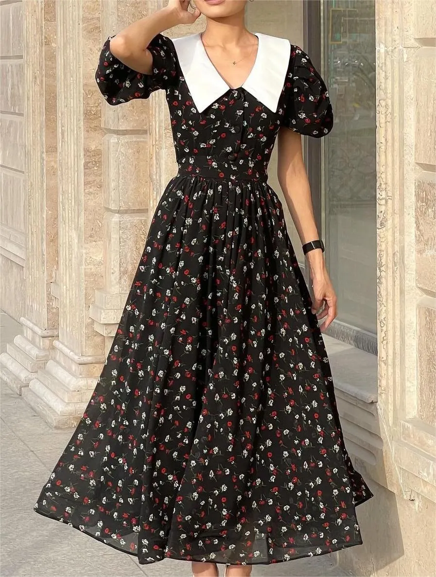 Black Printed White-Collar Dress