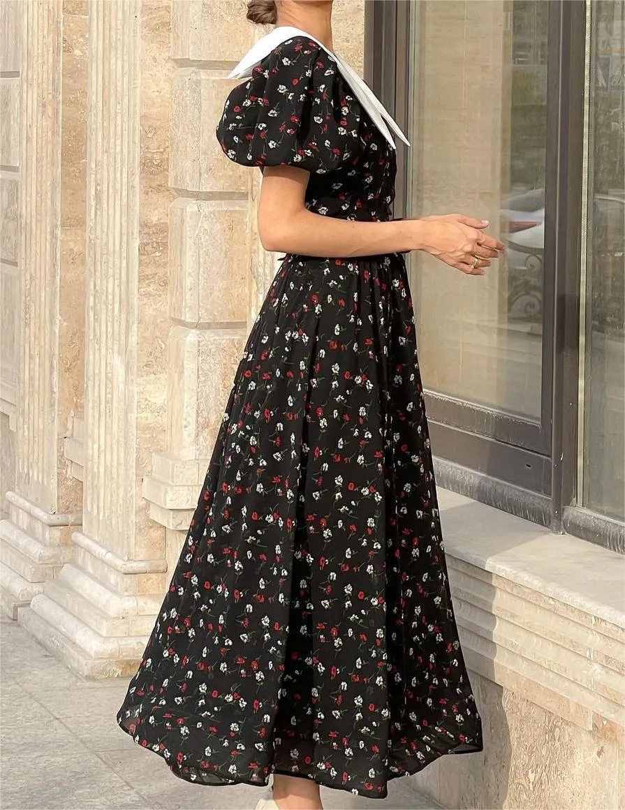 Black Printed White-Collar Dress