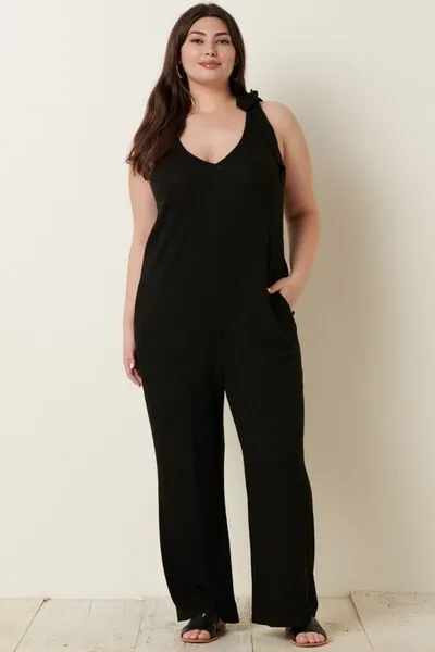 Blue Zone Planet |  Mittoshop Rib Knit V-Neck Cross Back Jumpsuit