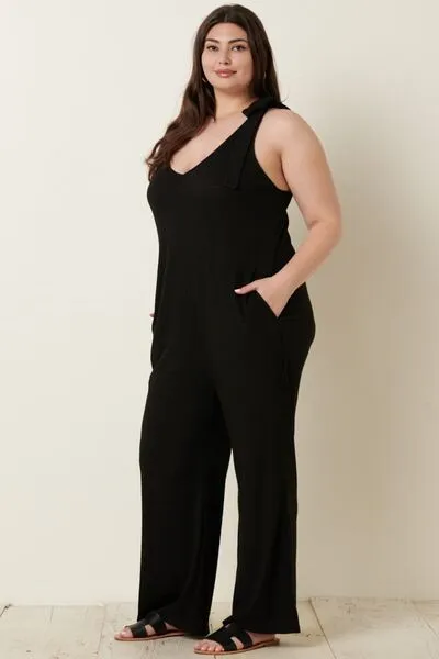 Blue Zone Planet |  Mittoshop Rib Knit V-Neck Cross Back Jumpsuit