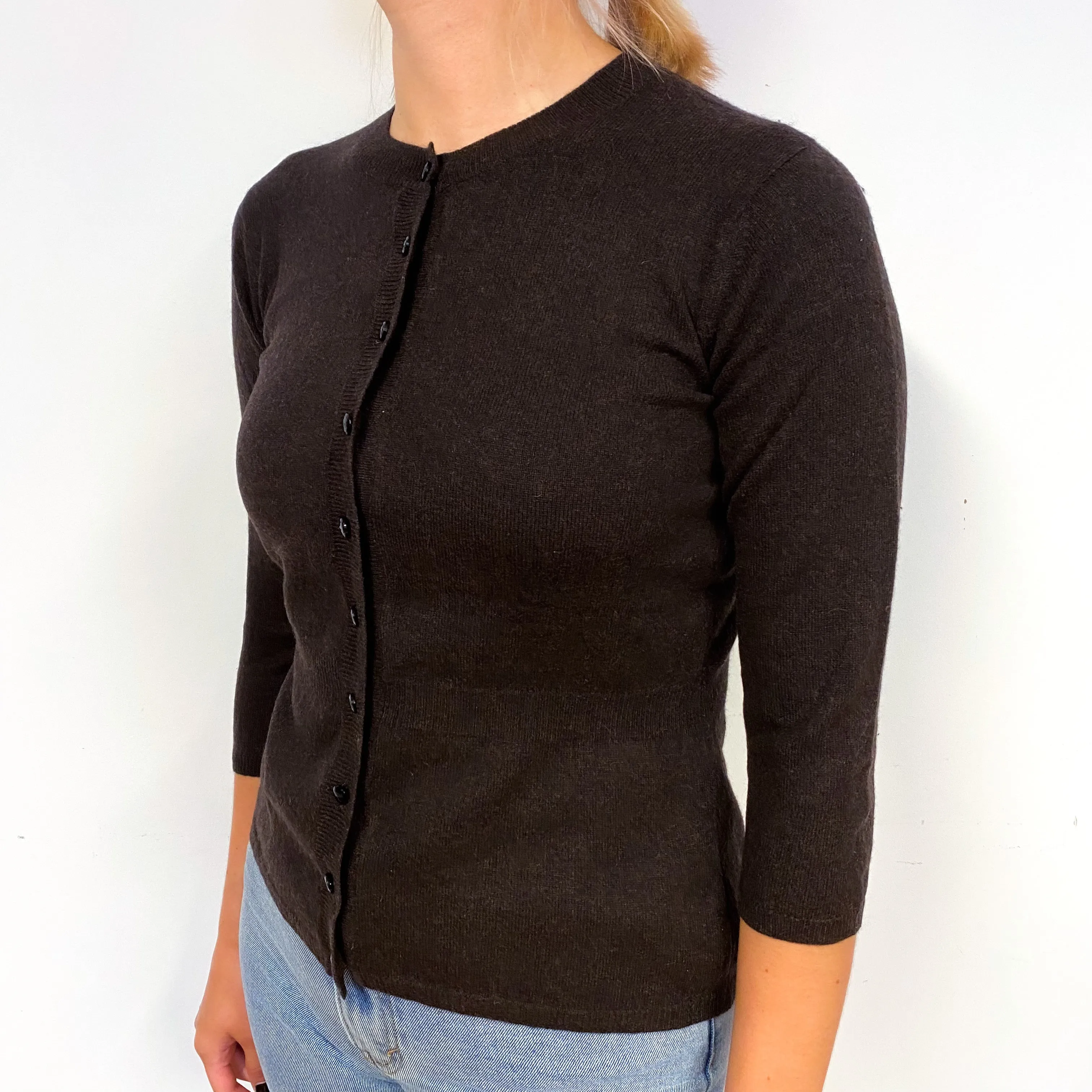 Brora Peppercorn Brown Cashmere Crew Neck Cardigan Small