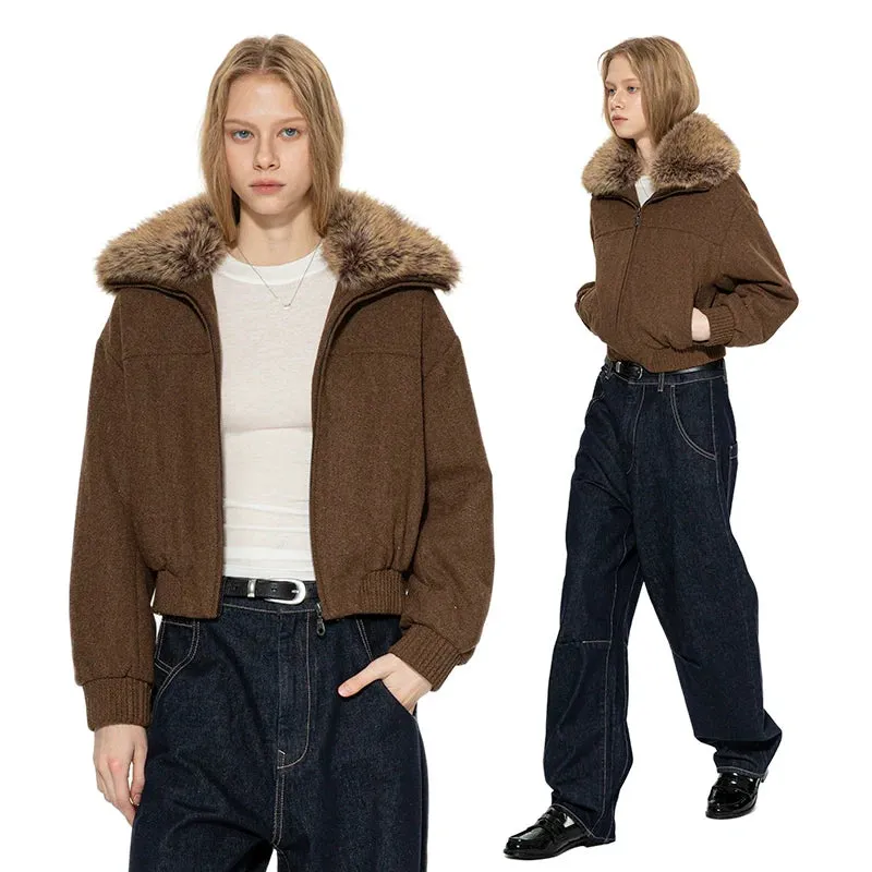 Brown Woolen Faux Fur Collar Jacket