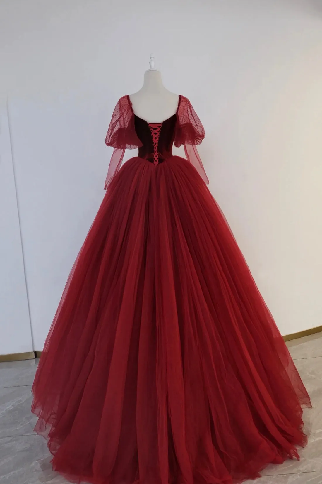 Burgundy Velvet Tulle Long Prom Dress, A-Line Long Sleeve Tulle Formal Evening Dress