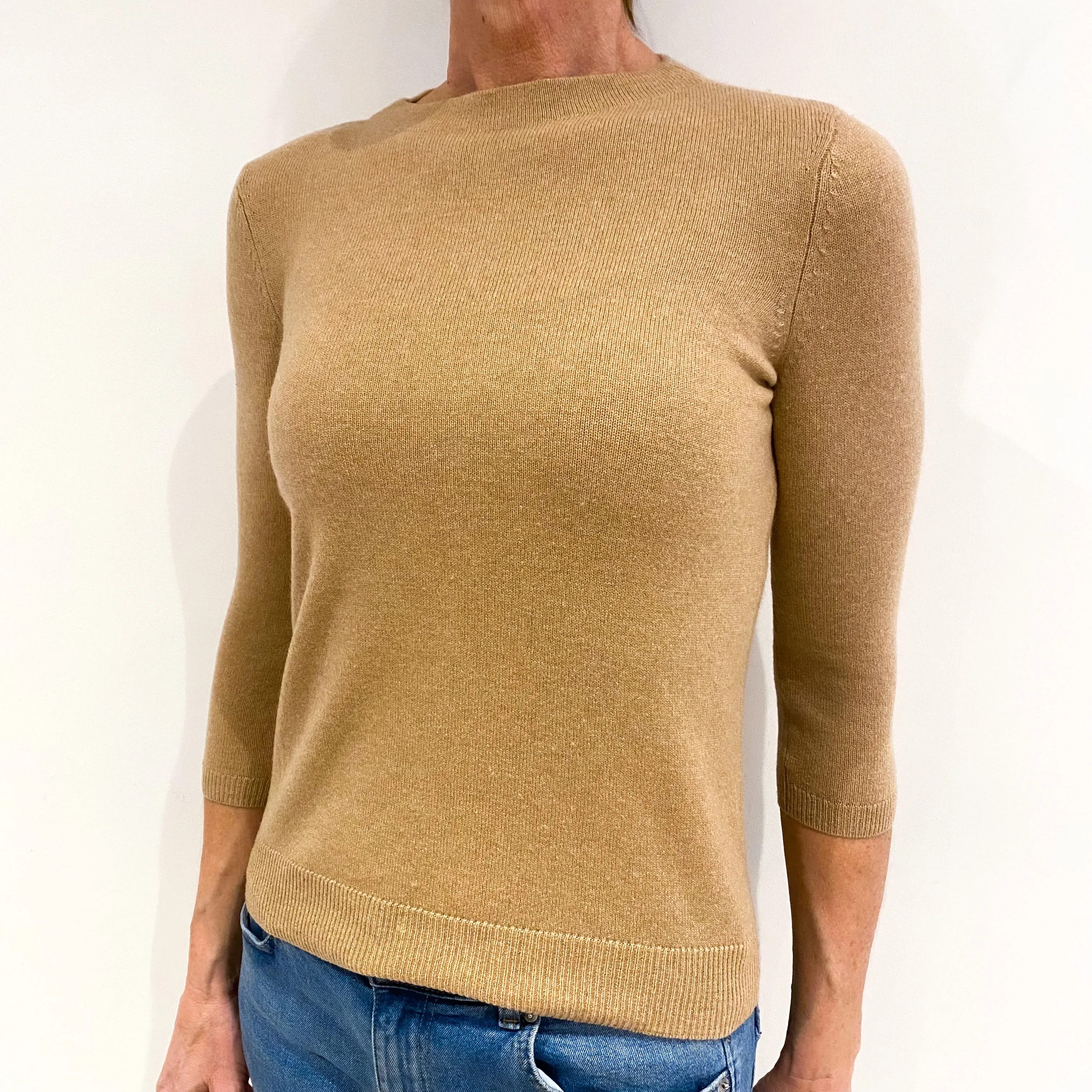 Caramel Brown Cashmere 3/4 Sleeve High Crew Neck Jumper Small
