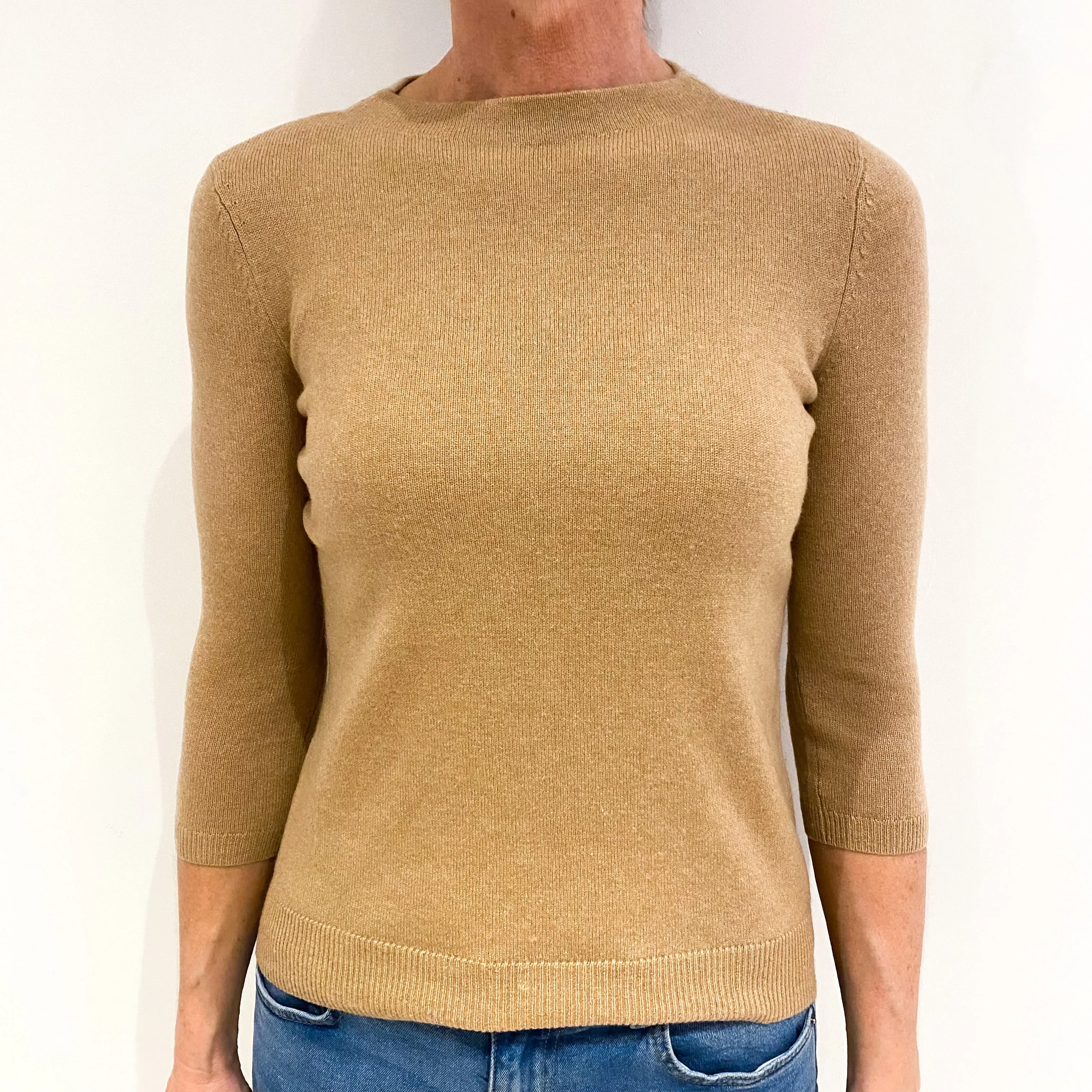 Caramel Brown Cashmere 3/4 Sleeve High Crew Neck Jumper Small