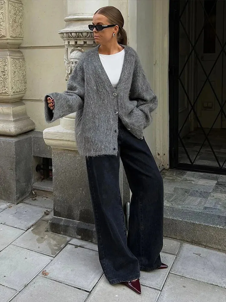 Chic VAN V-neck loose fit gray cardigan