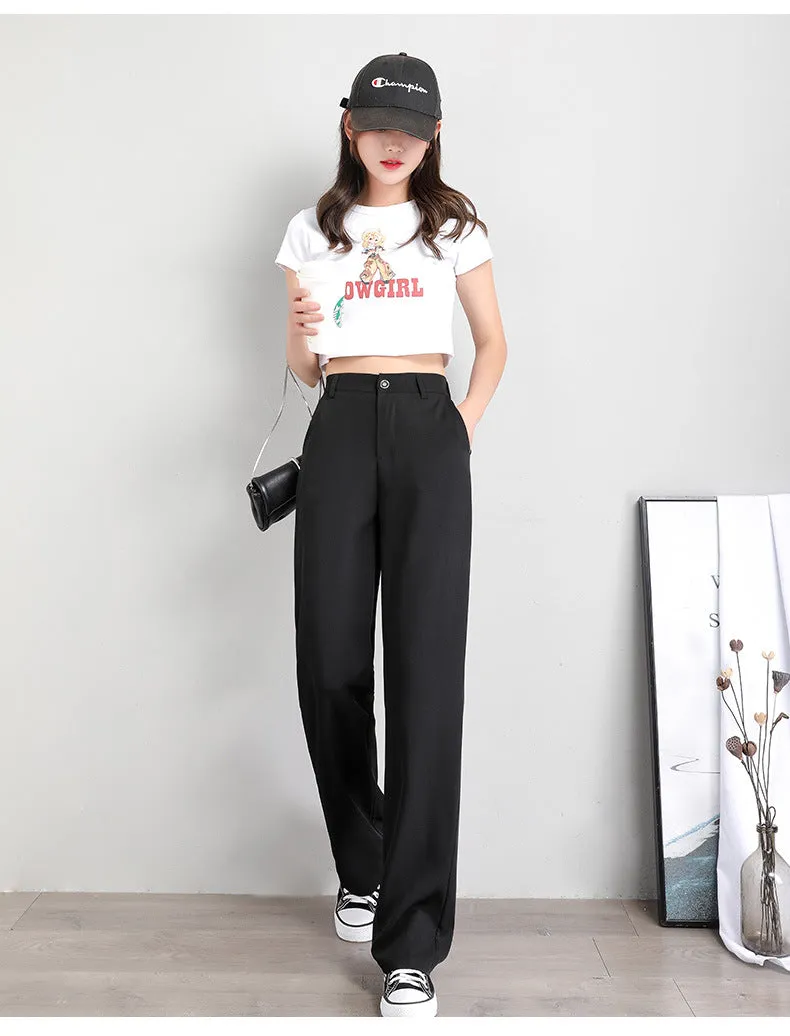 Chiffon Suit Pants Women Thin High Waist Drape Casual Wide Leg Loose Slim Look Straight Petite Floor Length Pants