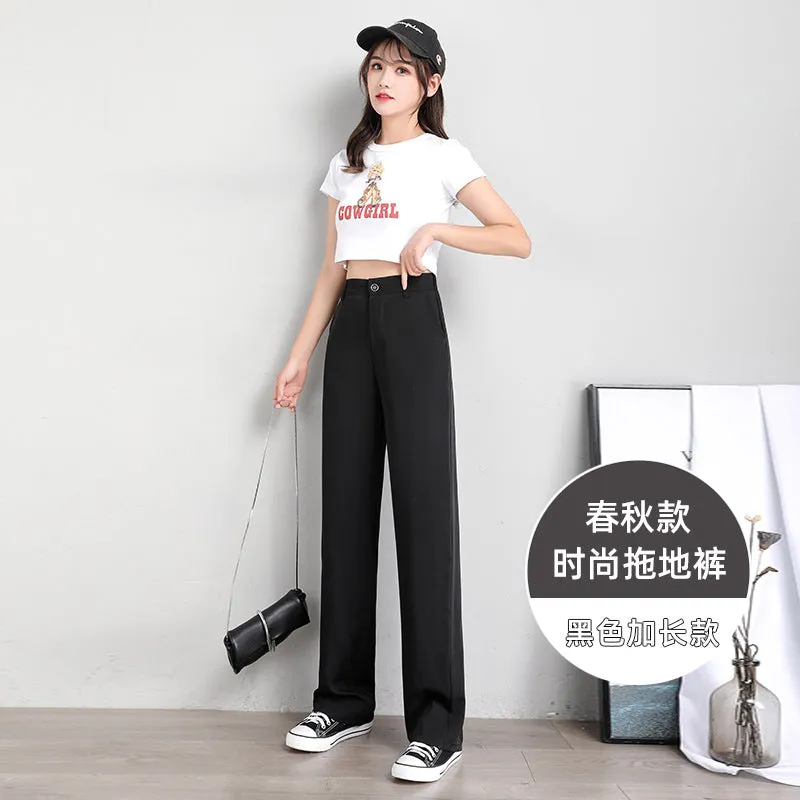 Chiffon Suit Pants Women Thin High Waist Drape Casual Wide Leg Loose Slim Look Straight Petite Floor Length Pants