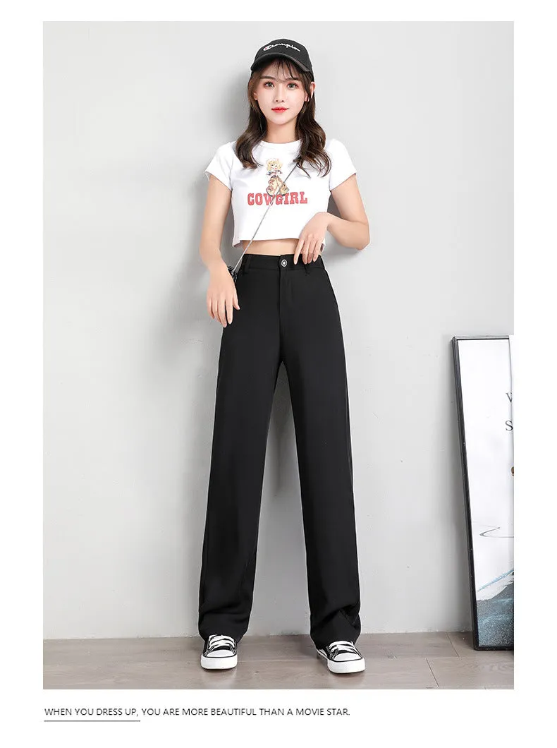 Chiffon Suit Pants Women Thin High Waist Drape Casual Wide Leg Loose Slim Look Straight Petite Floor Length Pants