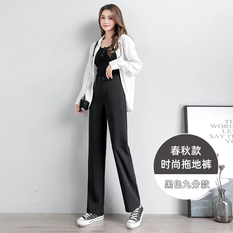 Chiffon Suit Pants Women Thin High Waist Drape Casual Wide Leg Loose Slim Look Straight Petite Floor Length Pants
